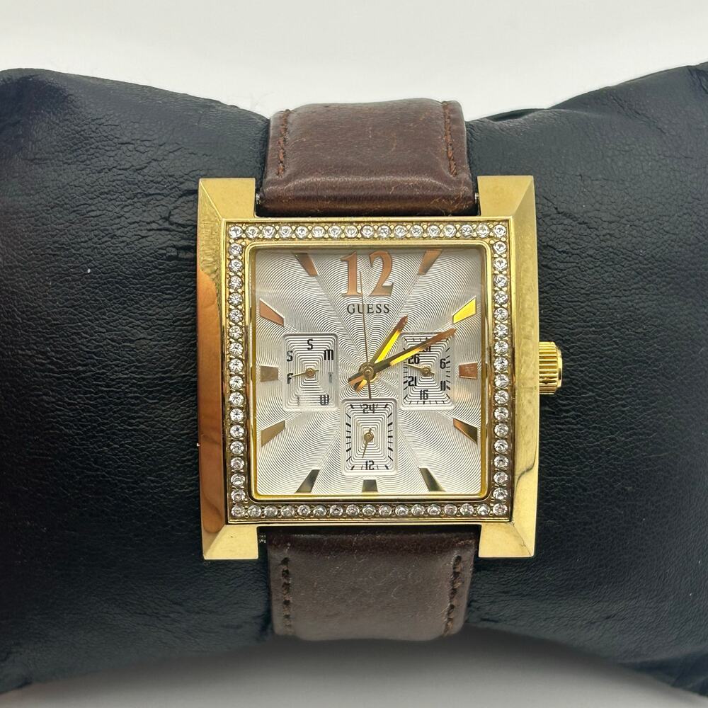 Guess Gold Crystal-encrusted Bezel Brown Leather Watch Working New Battery